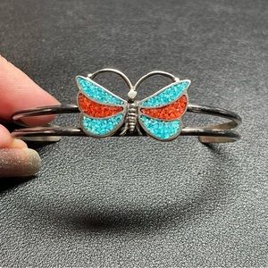 VTG Southwestern Cuff Bracelet Sterling Silver Butterfly Turquoise & Coral Inlay